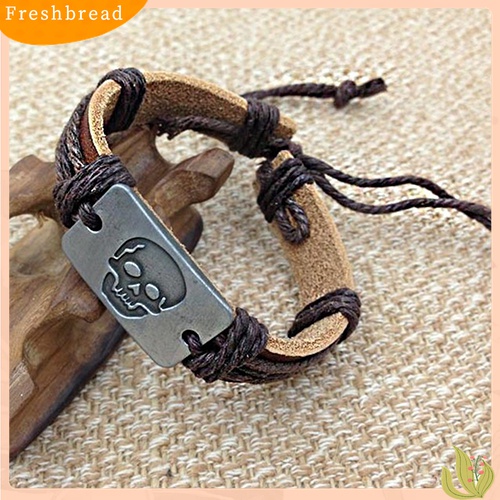 【 Fresh 】 Gelang Tangan Pria Model Punk Motif Tengkorak Gaya Vintage Punk Bahan Kulit Imitasi