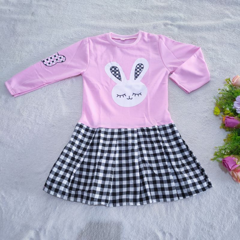 Dress anak 2 3 4 5 Tahun cewek perempuan Dress motif kotak Rabbit Viral kelinci playboy