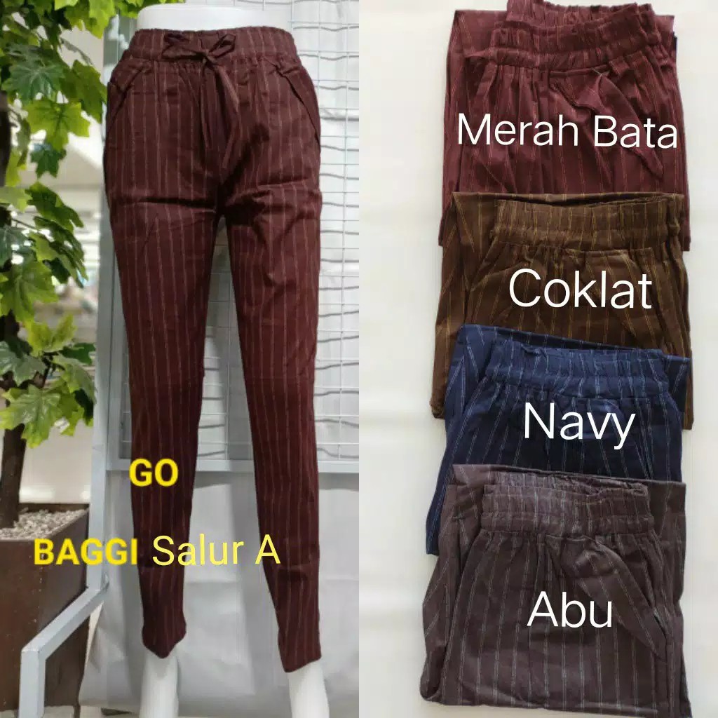 BB S.ME Celana Panjang Baggi Motif Kotak dan Salur Full Karet Wanita