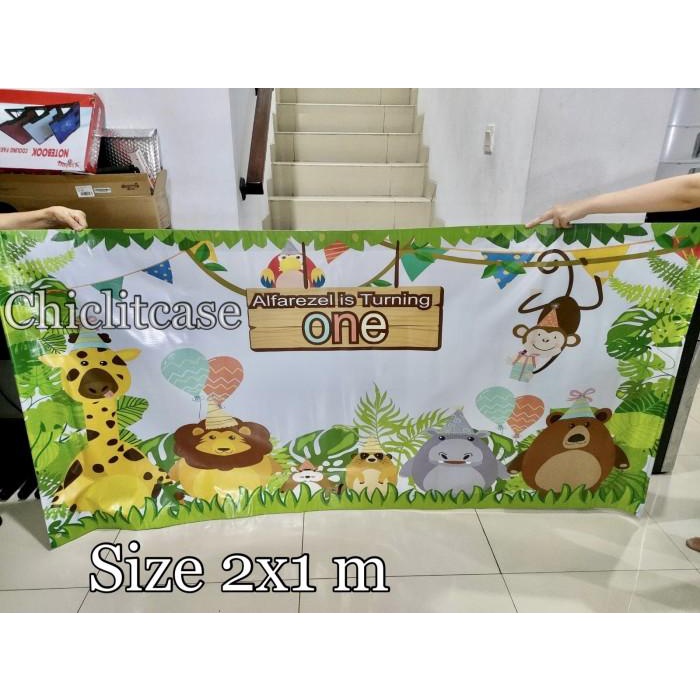 Custom Backdrop Birthday Banner Ultah Spanduk Zoo Safari Animal