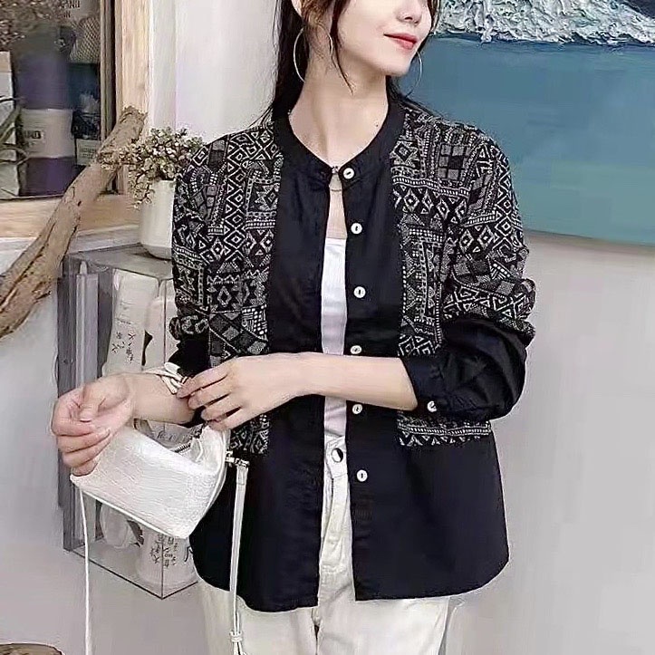 BLUS LINEN HITAM PANEL BATIK ETNIK TRIBAL PUTIH OVERSIZE IMPORT