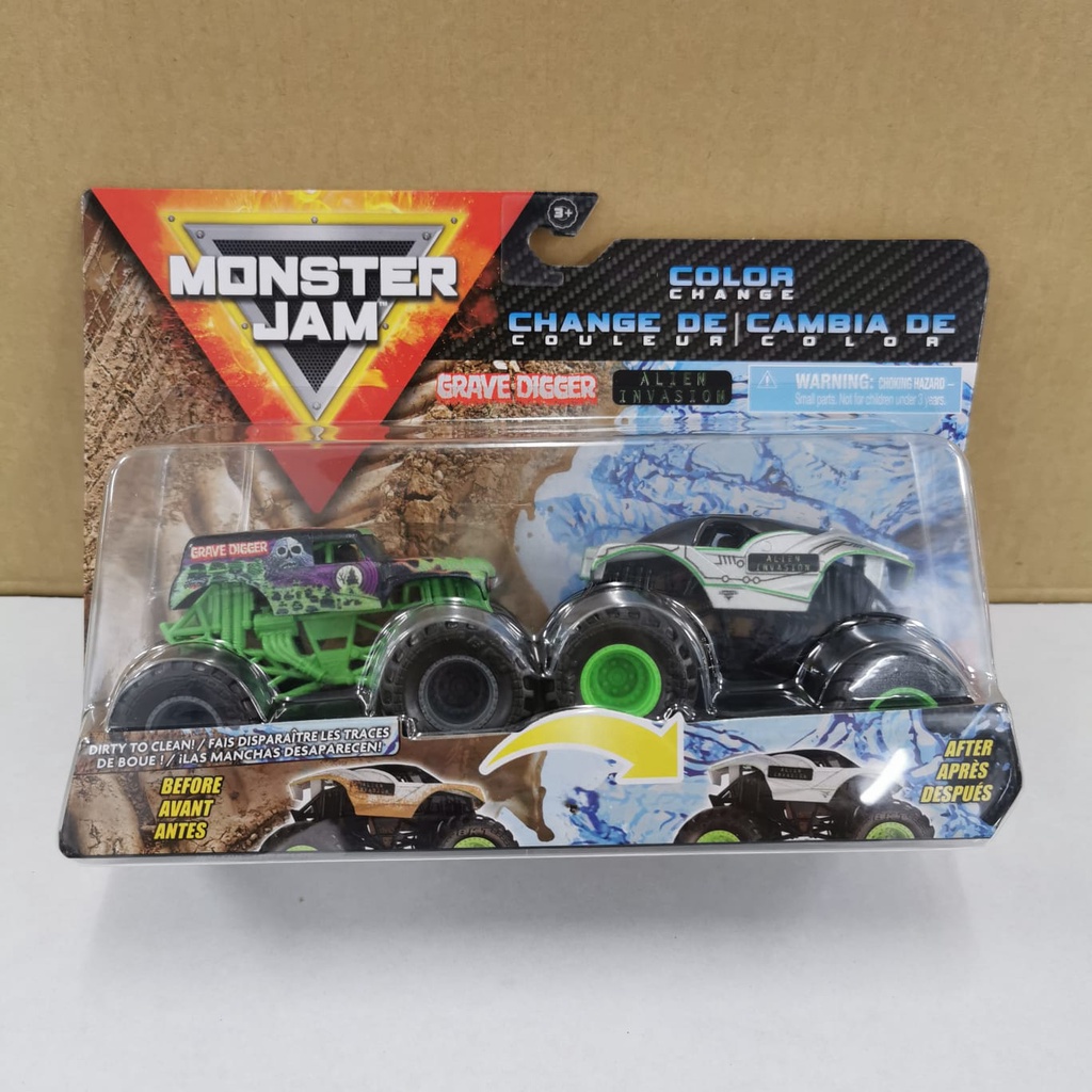 Monster Jam GRAVE DIGGER x ALIEN INVASION Hitam Putih Trucks Scale 1/64 Double Color Change Mobil