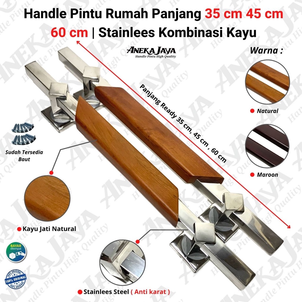 Handle pintu rumah Panjang 60 cm 45 cm 35 cm | Gagang Pintu rumah stainlees kombinasi kayu | Tarikan pintu | Pegangan pintu rumah awet murah