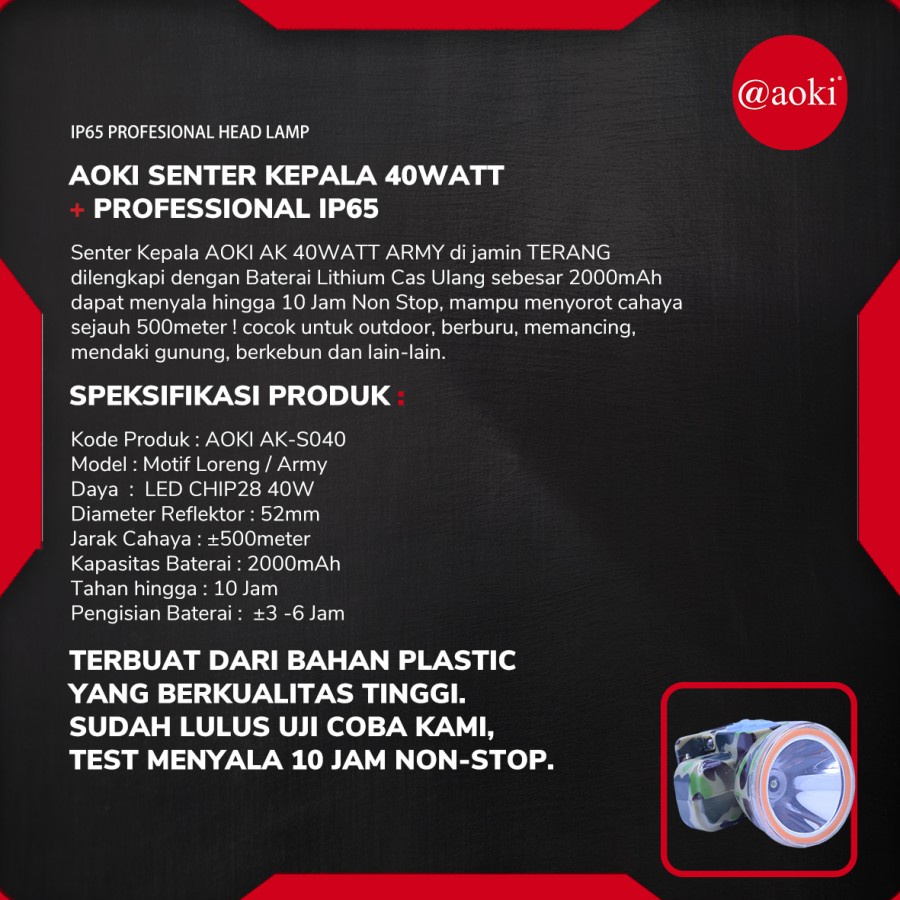 COD SENTER KEPALA PROFESSIONAL HEADLAMP 40 WATT AOKI AK-S040 CAHAYA PUTIH 2000mAh IP68