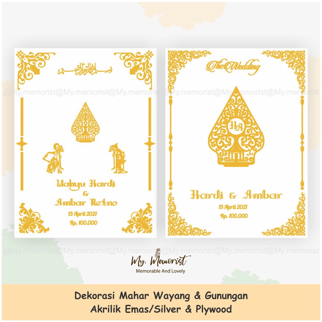 Dekorasi mahar Wayang & Gunungan akrilik emas/Silver dan Plywood