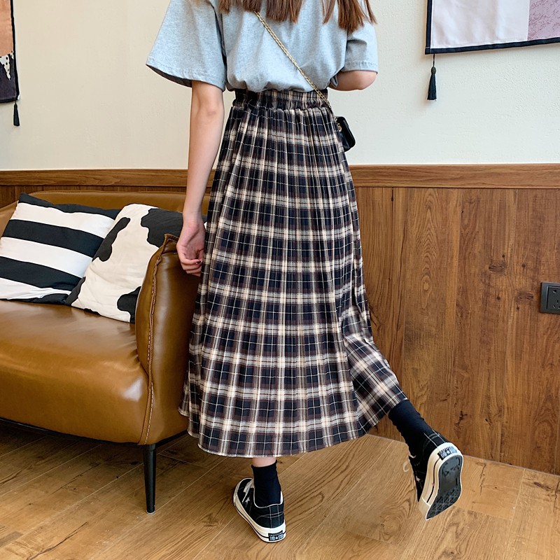 2022 musim panas Versi Korea Retro kisi garis Pinggang tinggi longgar Rok serba cocok