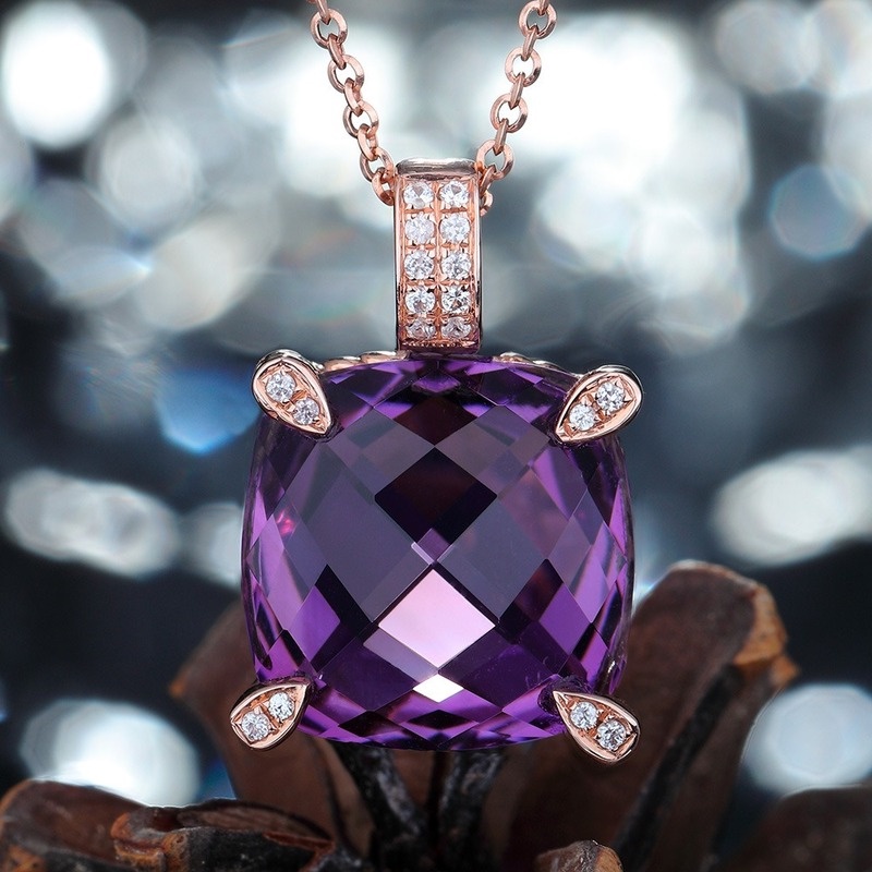 [Ready Stock]Fashion Personality Square Amethyst Pendant Rose Gold Necklace