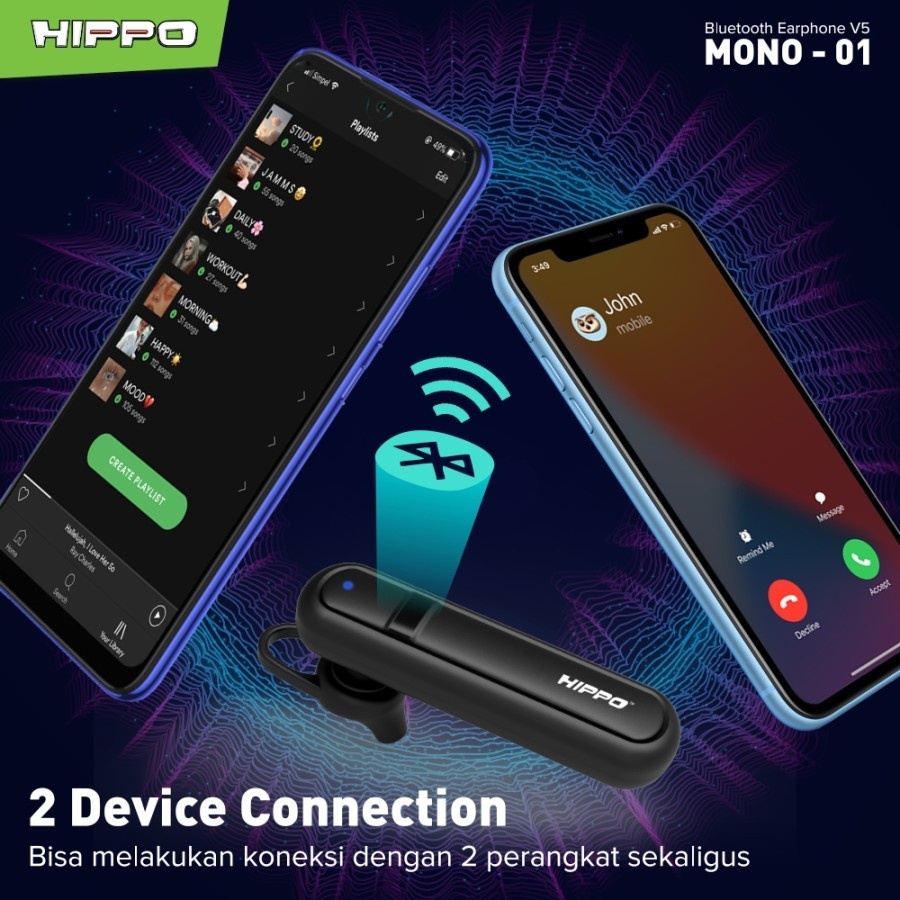 Hippo Single Handsfree Bluetooth V5 Mono 01 Headset Earphone Wireless Versi 5 Original Ori