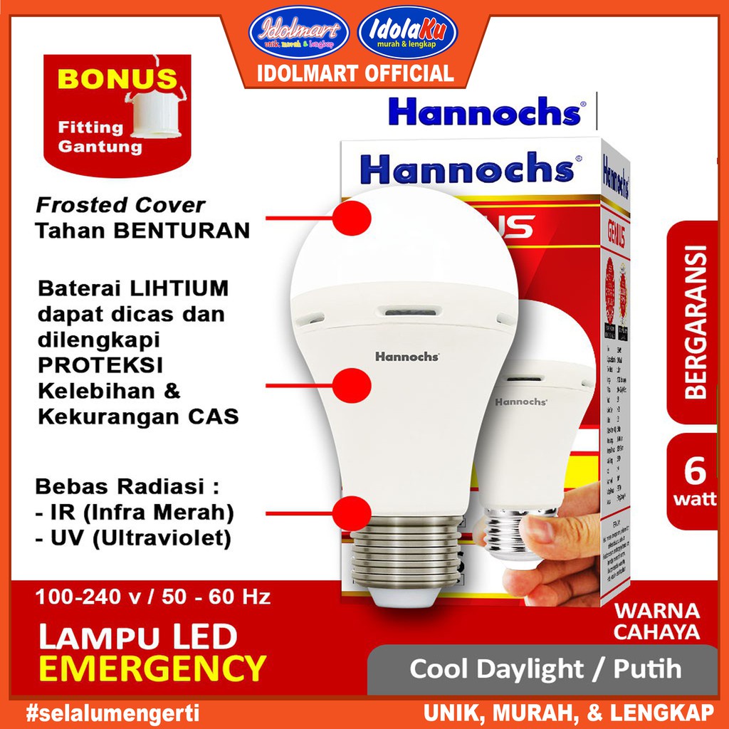 IDOLAKU Hannochs Lampu Emergency Led AC/DC Genius 6 watt cahaya Putih Lampu Darurat Hanoc