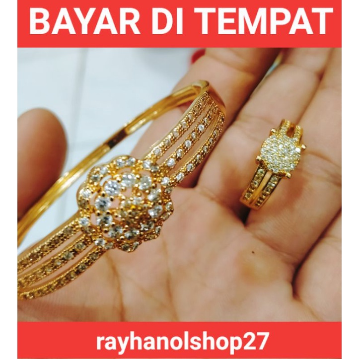 set perhiasan wanita titanium Gelang Tangan free cincin motif bunga matahari full permata anti alergi lapis emas