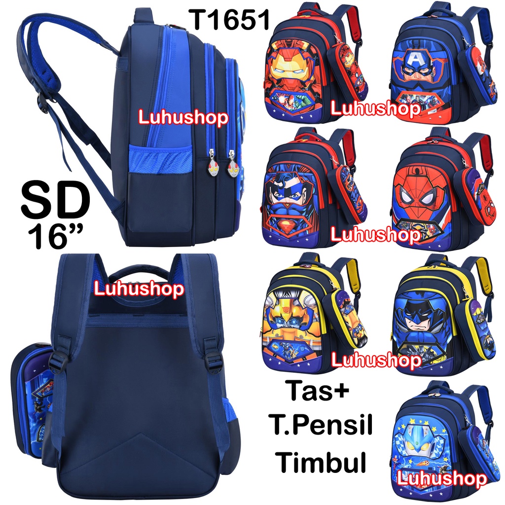 Tas + Tempat Pensil Tas Ransel Sekolah Anak SD Laki-Laki Dan Perempuan Spidermen Ultraman Captain Batmen Transformer Ultraman