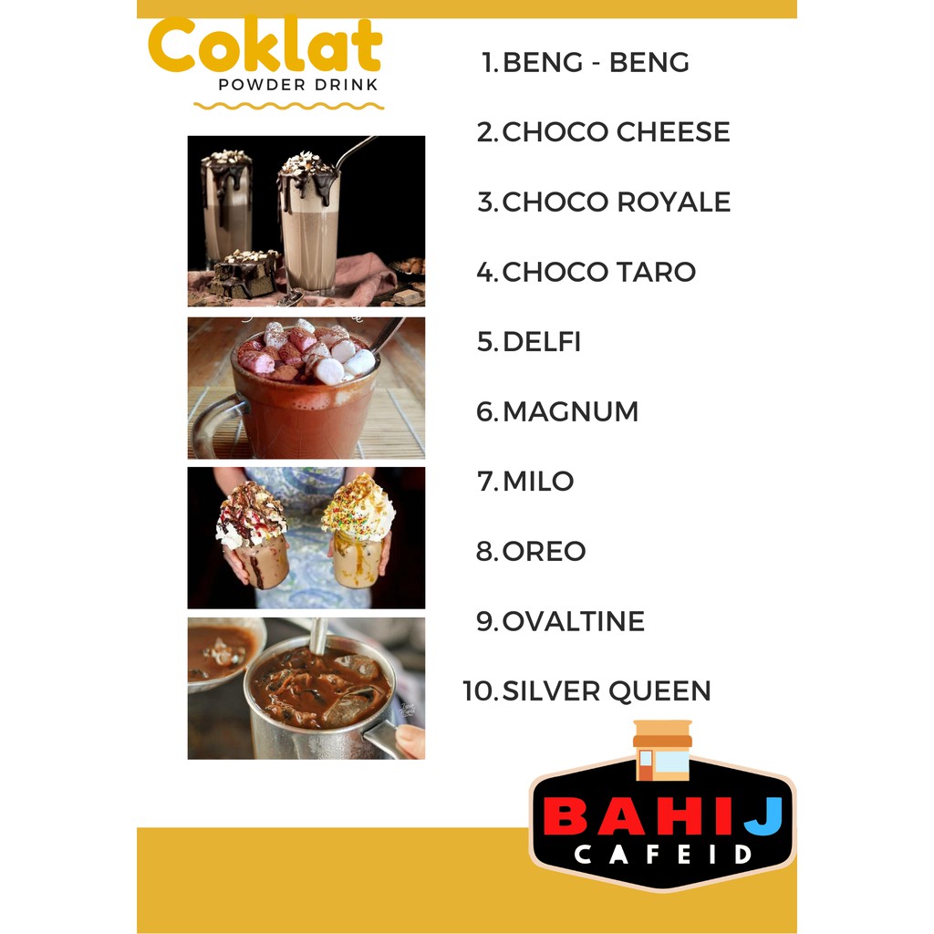 

Paket usaha murah minuman Coklat milenial ( @30 Gram - Bebas pilih Semua Rasa )
