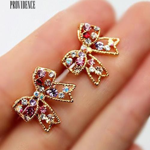 [Bayar Di Tempat]Kristal Emas Tone Ikatan Simpul Busur Ear Studs Charm