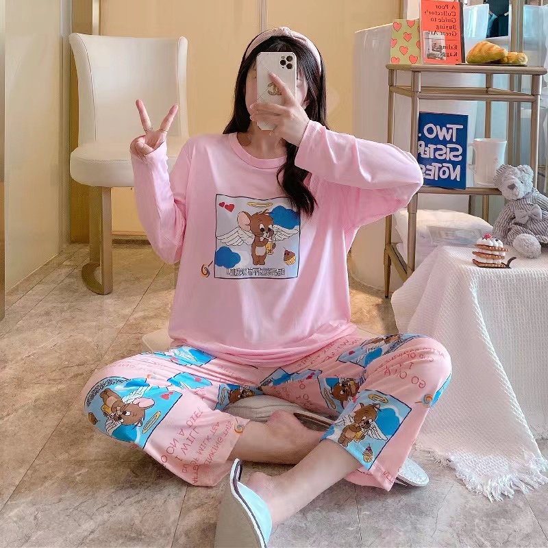 Setelan Piyama Bahan Adem Lengan Panjang Oversize Karakter Lucu Baju Tidur Wanita-Jerry Angel