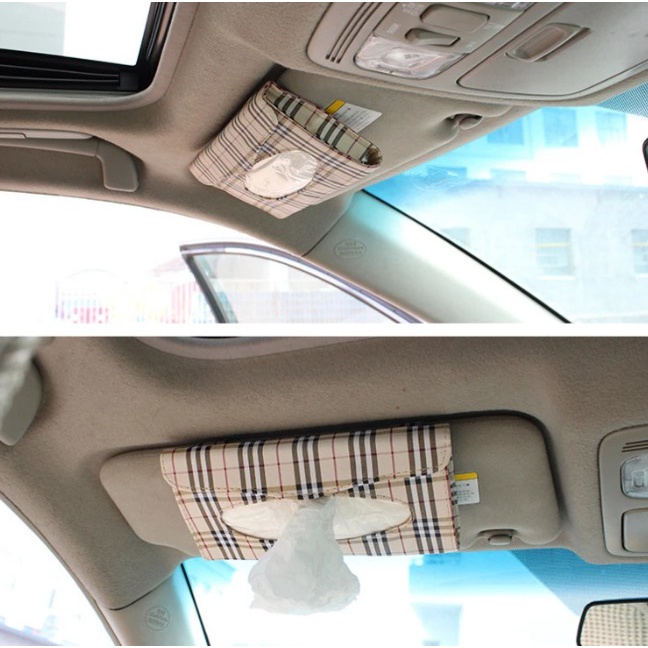 Car Tissue Box Organizer Tempat Tissue Mobil Motif Kotak burberry Jepit Sunvisor Cream