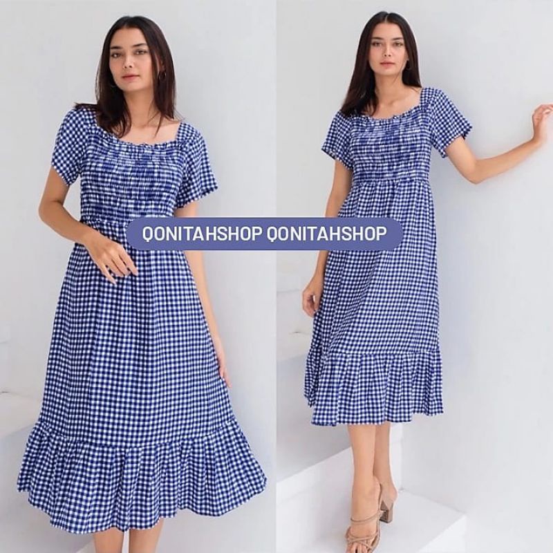 Midi Dress Korea, Midi Dress Kerut, Dress Kotak Kotak Kecil