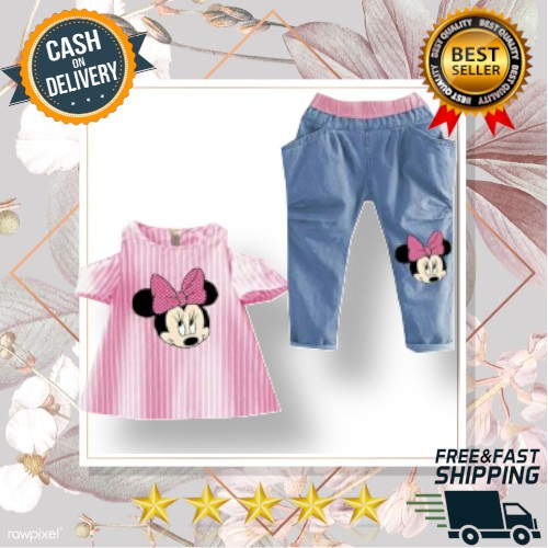 VISION ONLINE- STRIPY MINNIE PINKY// BAJU ANAK PEREMPUAN MURAH 1-4 TAHUN KARTUN SETELAN CELANA DENIM