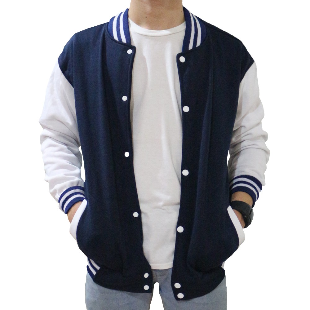 PROMO JAKET BASEBALL POLOS NAVY LENGAN PUTIH ! SWEATER 