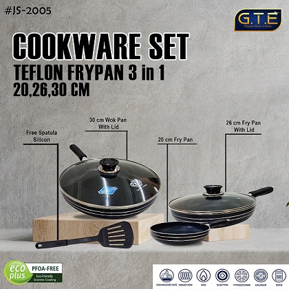 COOKWARE SET / Teflon Set 3in1 dengan diameter 30cm/26cm/20cm / Teflon Set dengan Tutup Kaca