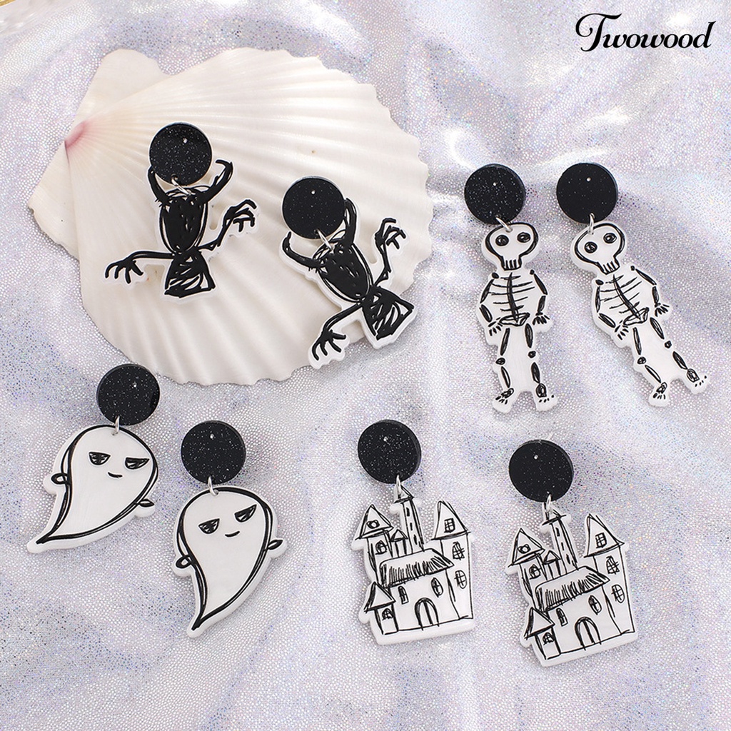 Twowood 1 Pair Halloween Earrings Ghost Delicate Acrylic Graffiti House Pendant Stud Earrings for Halloween