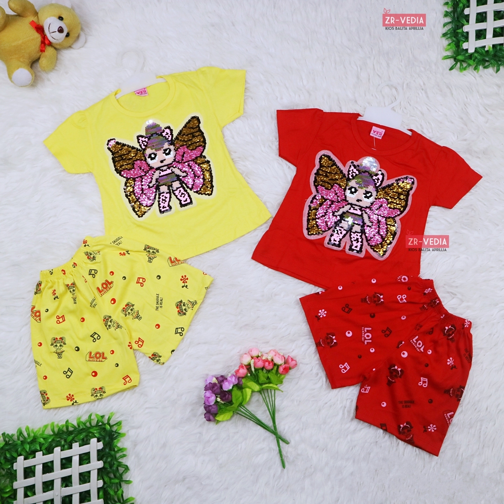 Setelan Queena uk 1-2 Tahun / High Quality Baju Anak Perempuan Kaos Kartun Lengan Pendek Cewek