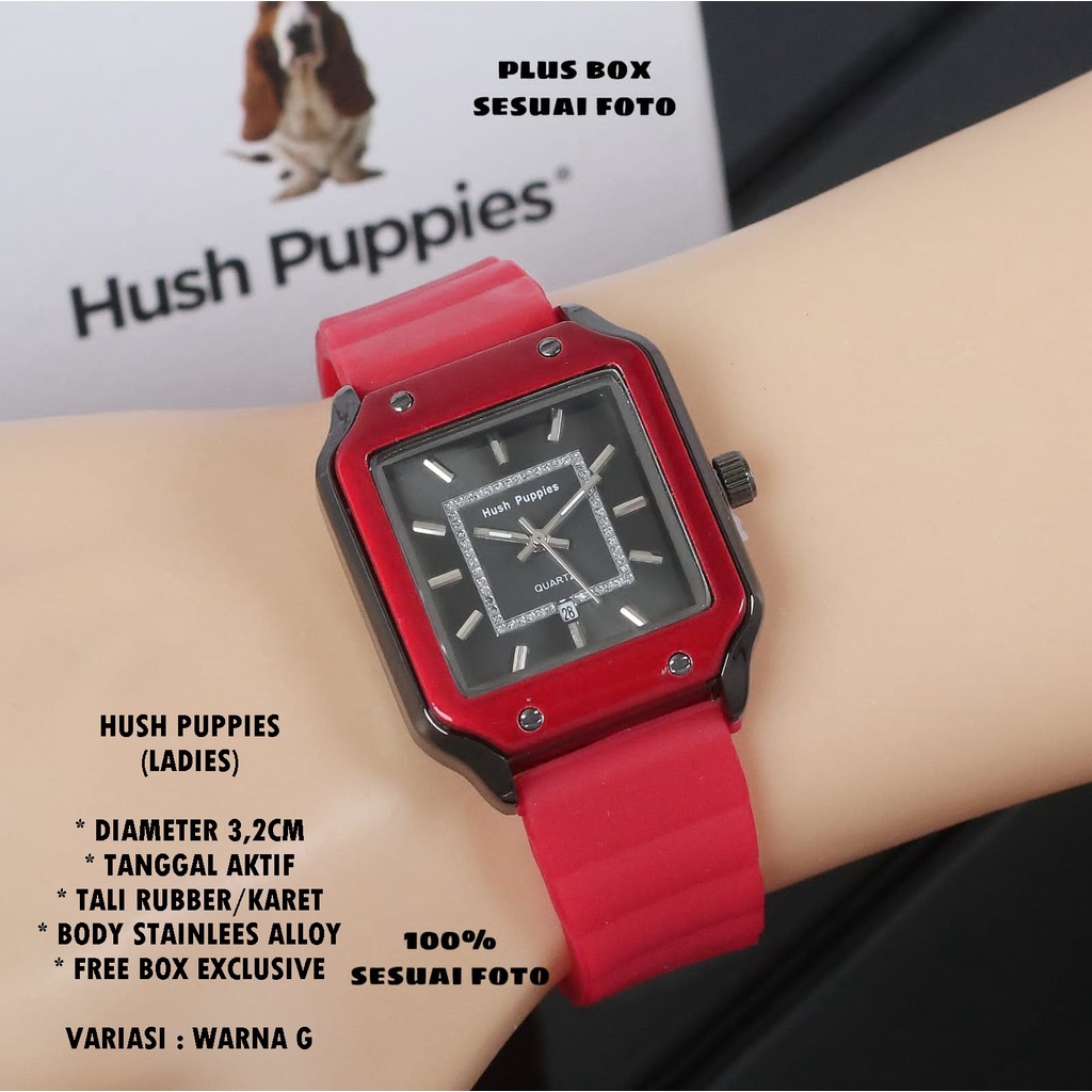 (FREE BOX) JAM TANGAN WANITA HUSH PUPPIES TALI RUBBER BODY SEGI TANGGAL AKTIF