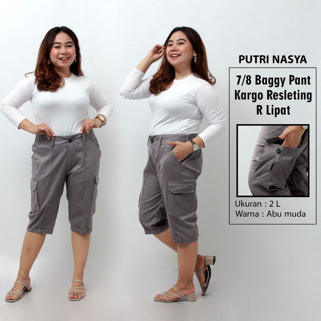 Putri Nasya - Celana Big Size Pendek 7/8 Kargo Ukuran 8L, 6L, 5L, 4L, 2L, XL, S fit to L Warna Moca Capucino Cream Hitam Abu Tua Muda