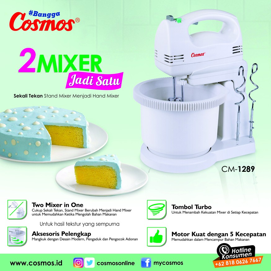 COSMOS CM-1289 Stand Mixer 175 W 5 pengatur kecepatan 2 hooks 2 beater