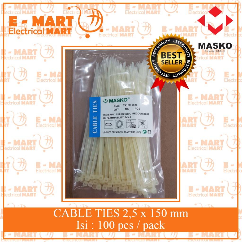 MASKO KABEL TIES 150 x 2.5MM 100 PCS NYLON PUTIH HITAM SABUK TALI TIES SEGEL 15 CM WH BLACK [GROSIR]