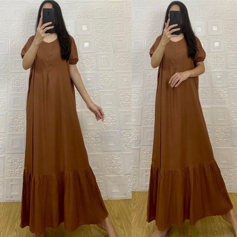 daster MONA tangan 3/4 PB 130cm /daster panjang rempel tangan 3/4  JUMBO premium sleting /busui/rempel tangan 3/4/ tangan pendek/ tali grosir ecer SEMATA KAKI RAYON-Mona karet caramel