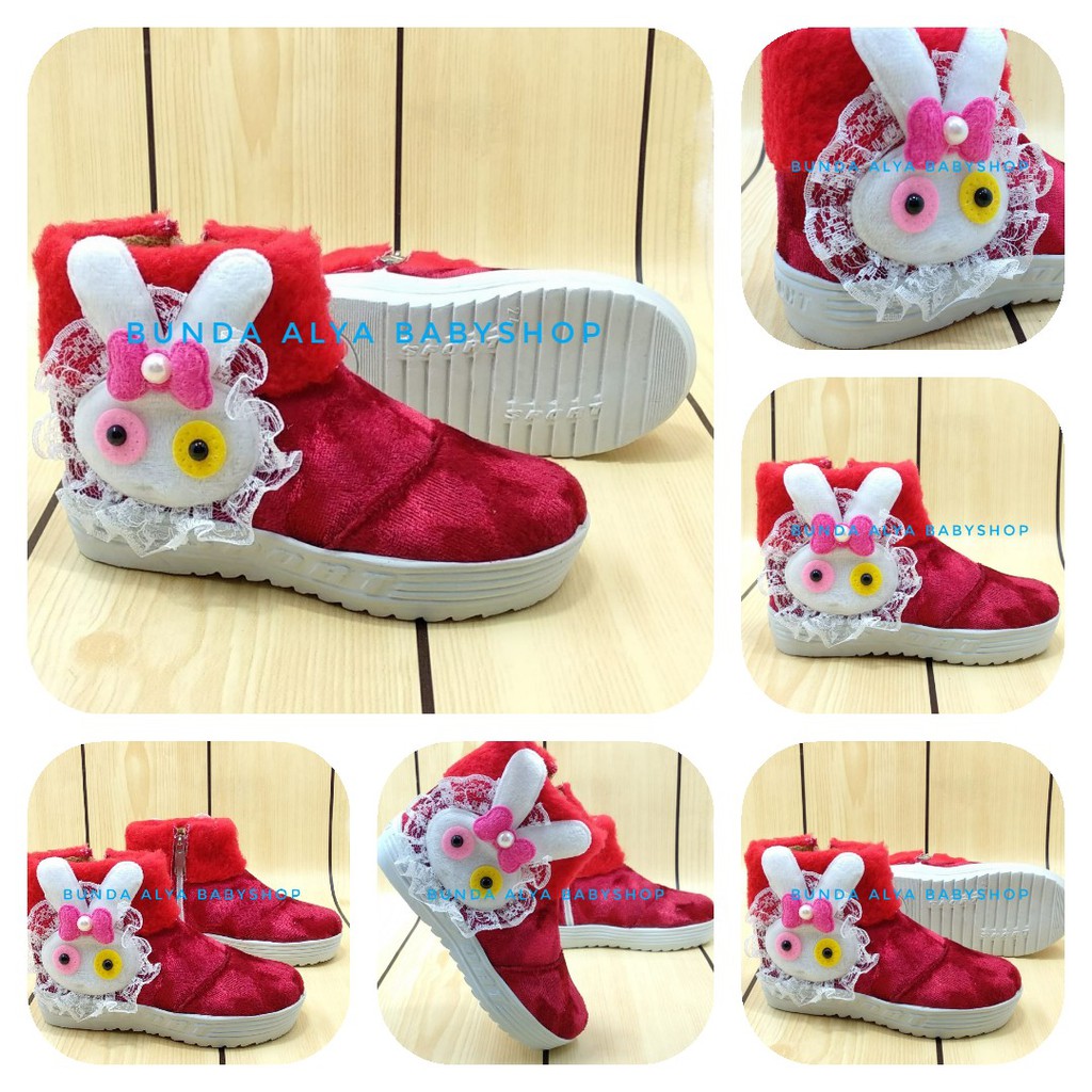 Sepatu Anak Perempuan Umur 1 - 4 Tahun MERAH Alas Karet  - Sepatu Anak Cewek Boots 1 - 4 Tahun Bulu Size 22 - 30 Alas Karet Anti Licin