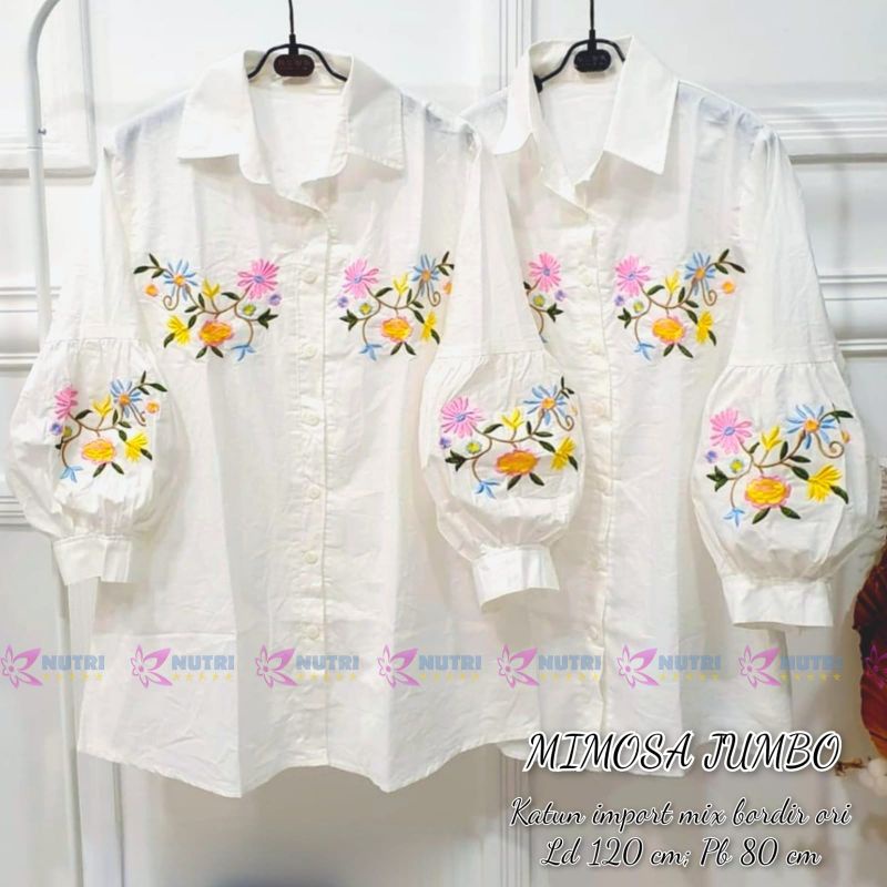 Mimosa White Tunik Balon Panjang Putih Polos Katun Import Bordir Bunga Ld 120 Jumbo Fit XXL Busui Ka