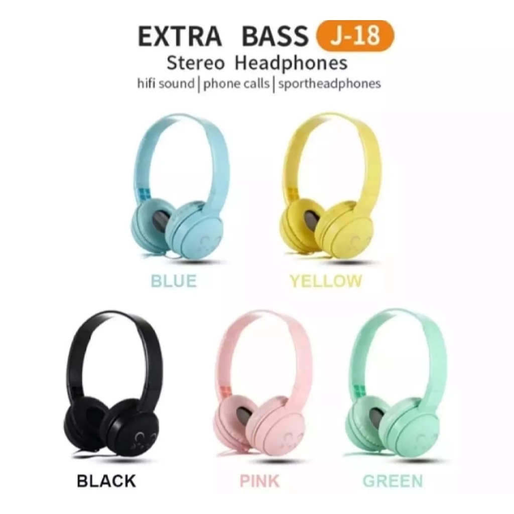 Headset-Headphone-Earphone Macaron J18 Stereo Extra Bass-Full Bass-Headset Gaming-Headset Trendy Motif Lucu j18 Macaron