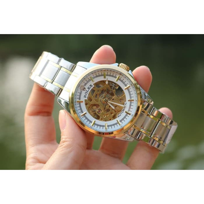 JAM TANGAN PRIA ROLEX AUTOMATIC SKELETON BESAR SILVER GOLD (WHITE GOLD