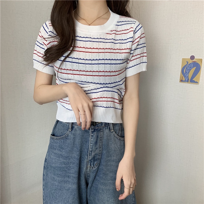 Kaos Rajut Lengan Pendek Wanita Knit T-shirt Baju Atasan Putih Korean Style