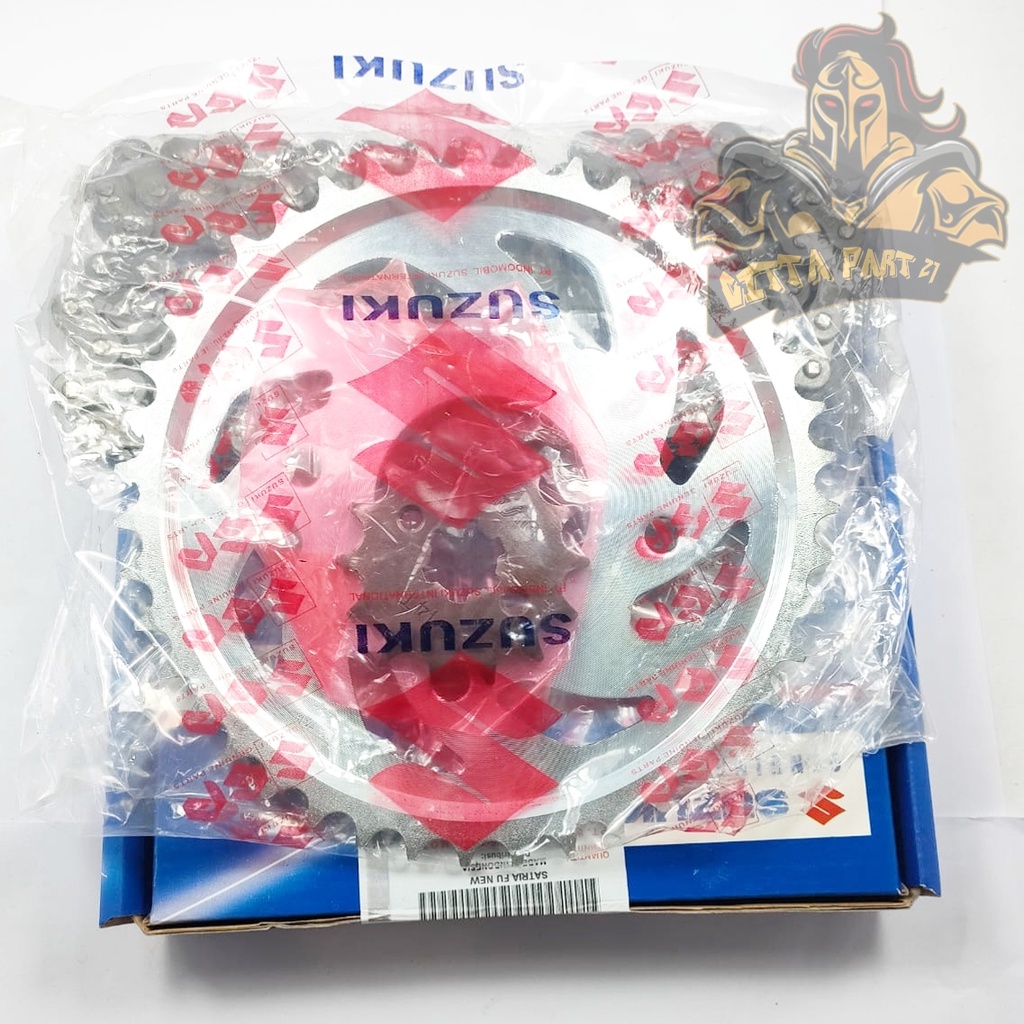 GEAR SET + RANTAI SUZUKI KUALITAS ORIGINAL SUZUKI PRESISI PAS DAN DIJAMIN MANTAP SATRIA FU NEW SUZUKI gear paket depan belakang dan rantai SATRIA FU NEW