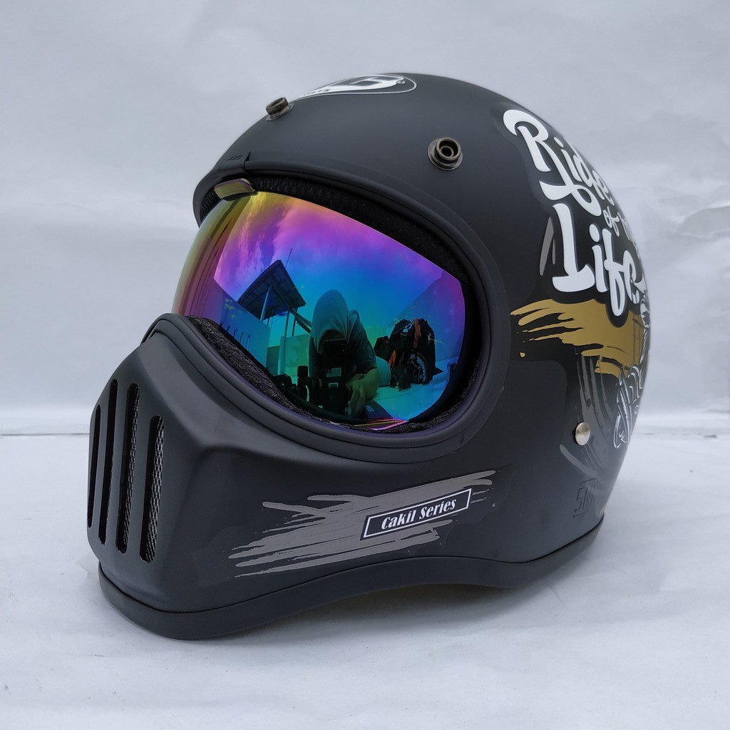 Helm Cakil HBC Ride Of life Black + Inner Visor ( Fullface / Retro / Klasik / Vespa )