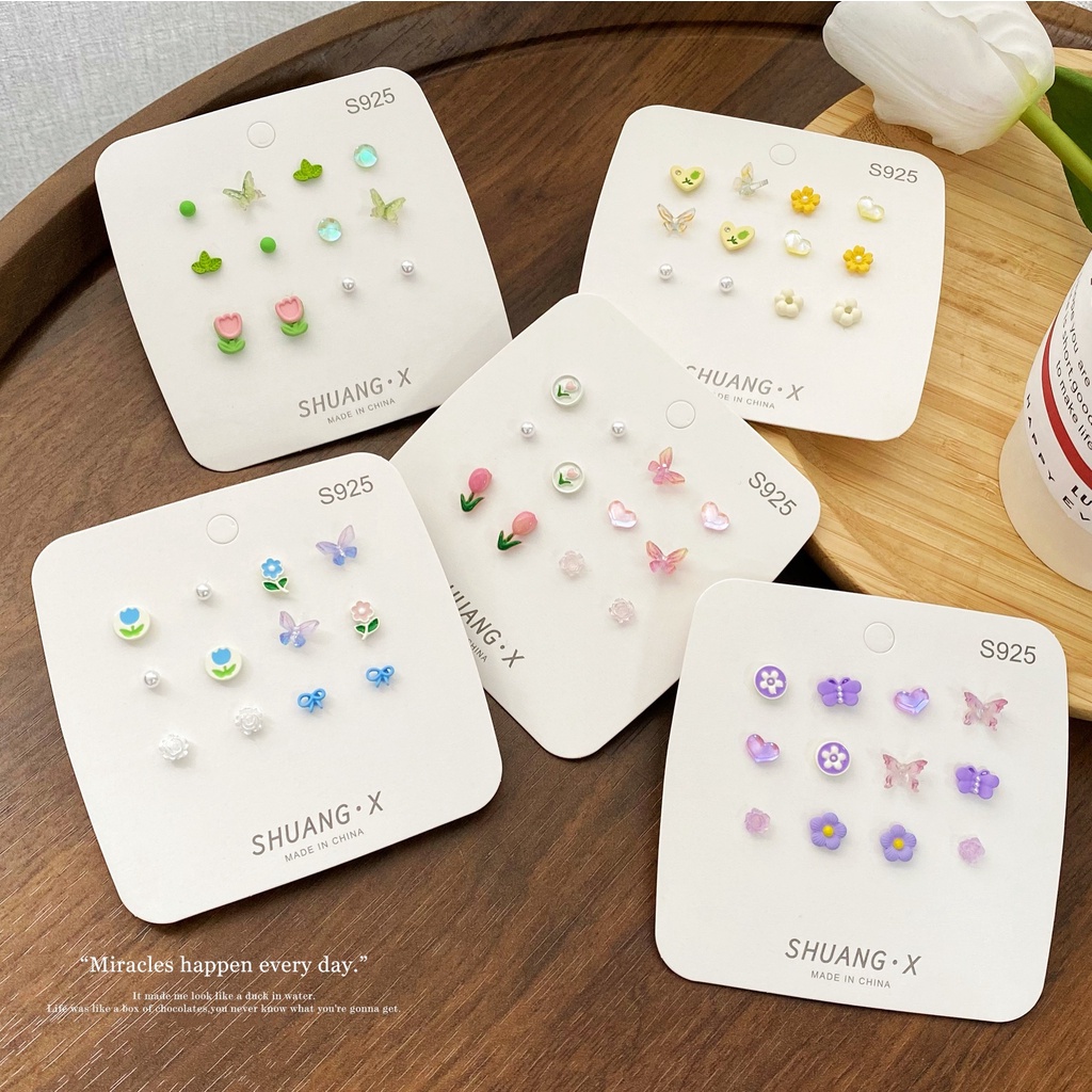 Set Anting Stud Desain Bunga Butterfly Hati Bintang Warna-Warni Untuk Wanita