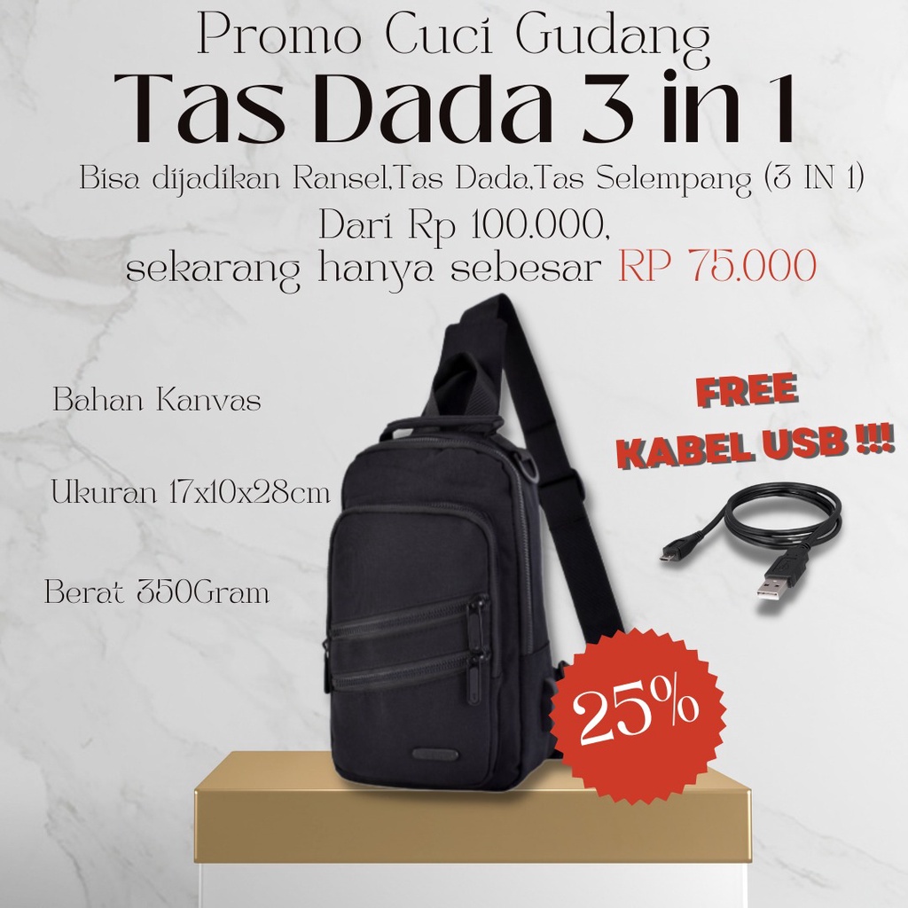 (Toko OB) Tas Murah Selempang Fashion 16891 3IN1 (Slingbag,Selempang,Ransel) [Free Kabel USB Extension]
