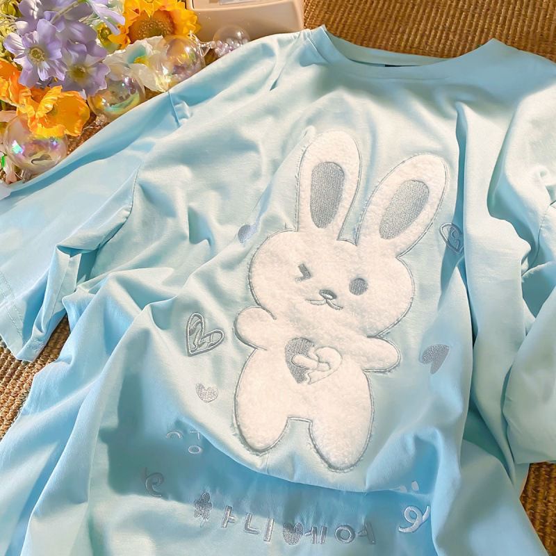 [littlecrab] Kaos Oversize Bunny Bulu With Korean Letter Writing Tshirt Kelinci Lembut Berkualitas T-shirt Bunny Love Soft Color Putih Pink Biru Kaos Unik Cute Tshirt With Soft Fur Kaos Couple Unisex Korean Style