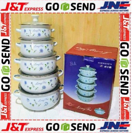 Panci enamel set Motif Bunga Tutup kaca||Panci enamel susun 5