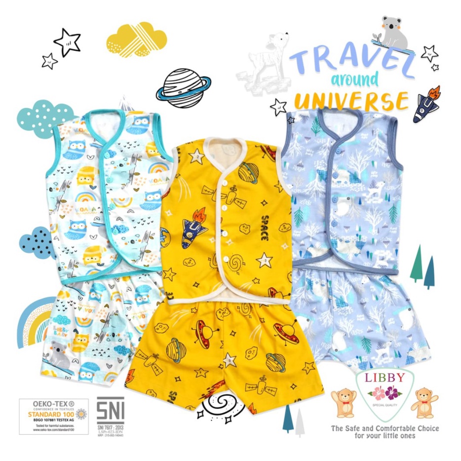 6.6 SALE 1 Setelan Setelan Kutung Travel Around Universe Libby Murah NB, 3-6,S,M,L, 2L,XL, XXL Pakaian Bayi Libby CBKS