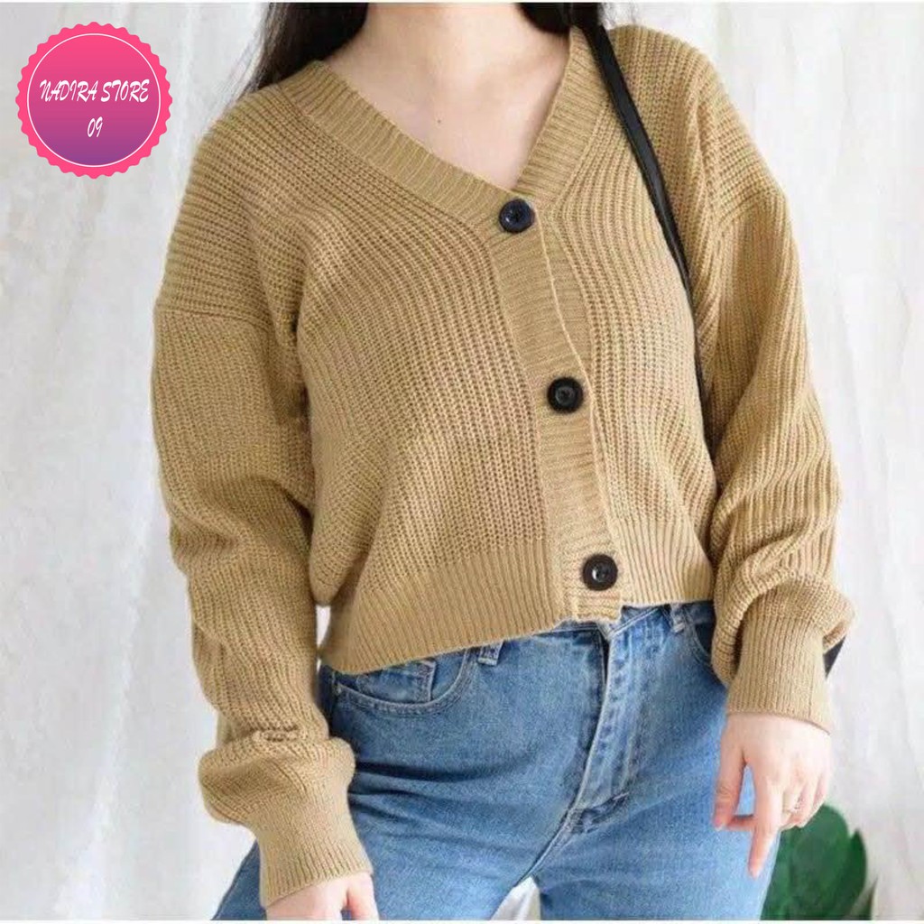 Cardi Kancing Tiga - semi crop cardigan rajut Premium