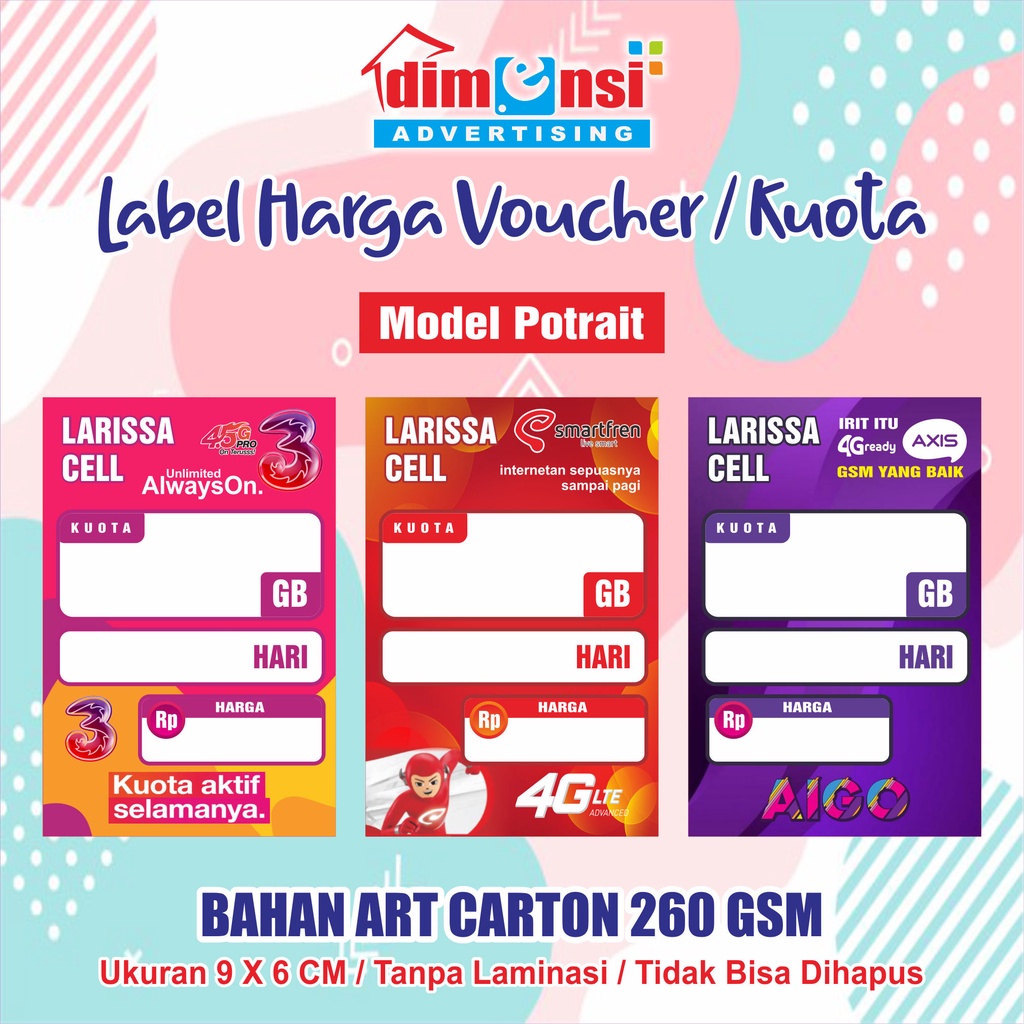 

Label Harga Voucher Konter / Display Harga Etalase Konter - Potrait (Minimal 25 Pcs) - DIMENSI ADV