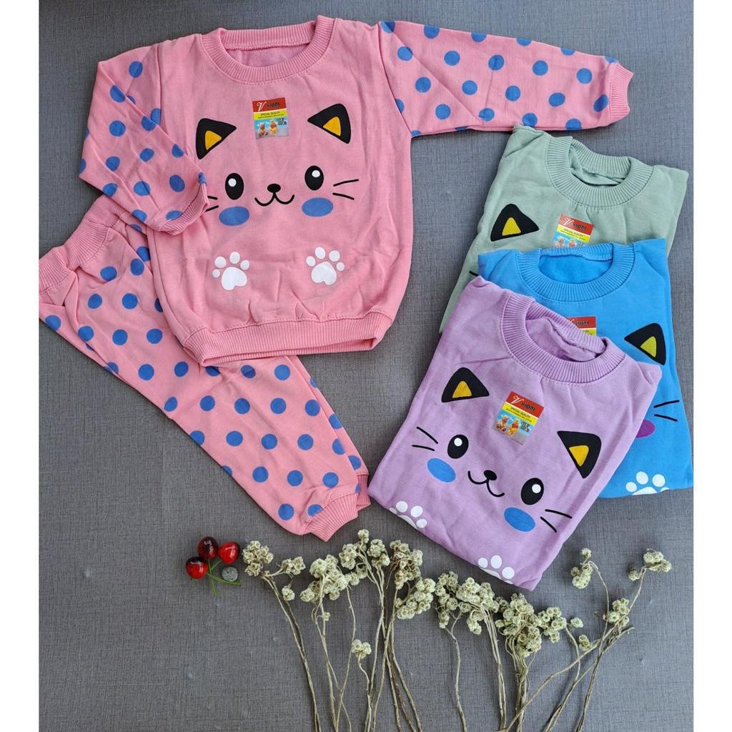 setelan sweater laki laki perempuan lucu murah motif kucing pulkadot 3 bulan - 5 tahun S,M,L