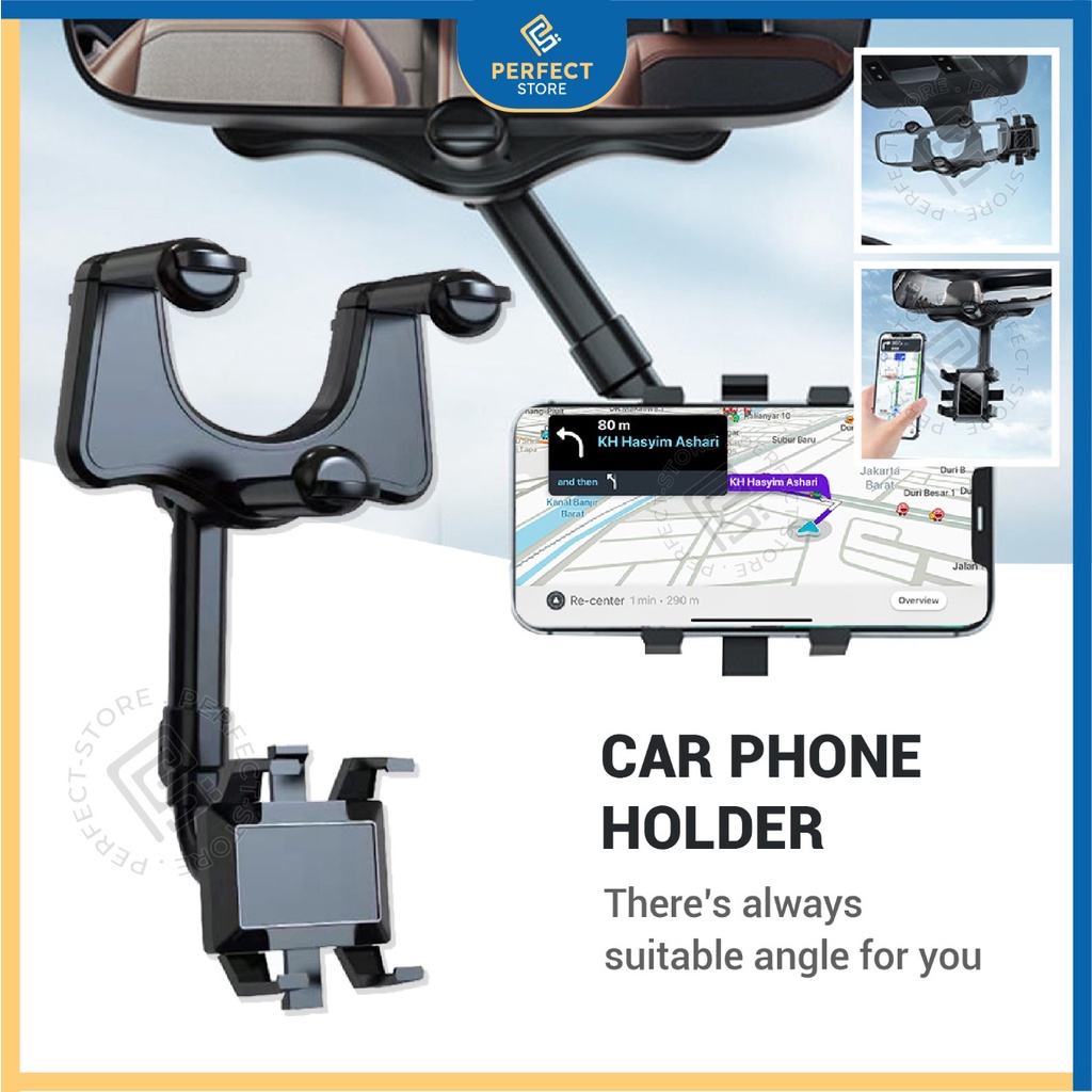 Phone Holder Mobil Dudukan Handphone Jepit Spion Kaca Tengah Alat Penyangga HP Ajustable Bracket Gps