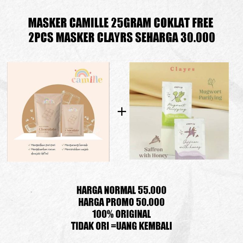 Masker Camille beauty BPOM//masker clayrs Mugwort //masker clayrs saffron/masker yoqueen beauty BPOM-Coklat camille 25gr