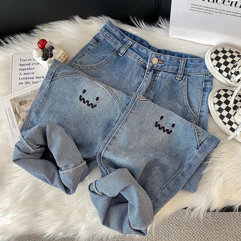 Hip-hop Style Highwaist Loose Kasual Celana Jeans Panjang Wanita//Ekspresi Bordir//BF Highwaist Denim