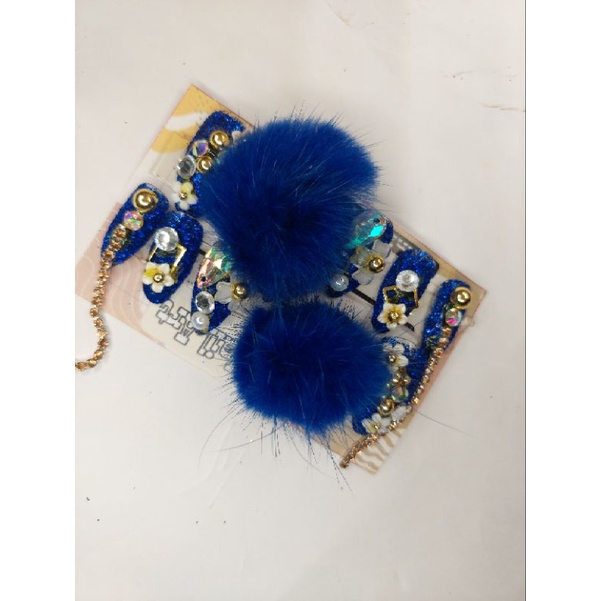 kuku palsu wedding gliter + pompom biru electrick