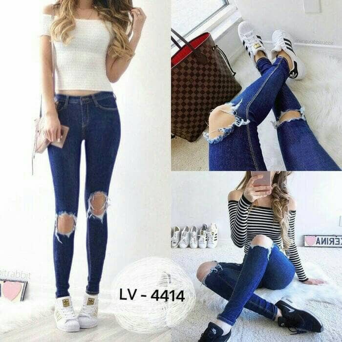 Celana Jeans Sobek Lutut Pria Wanita Ripped Denim Panjang Celana Jeans Sobek Lutut Pria Wanita Ripped Denim Panjang